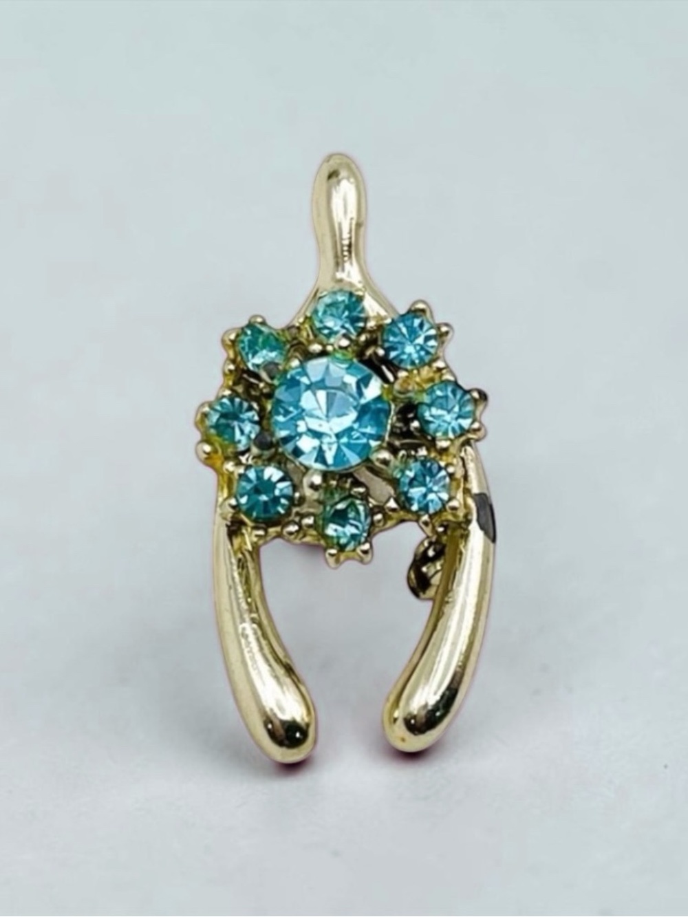 Darling Dainty Vintage Blue Rhinestone Wishbone Brooch Petite